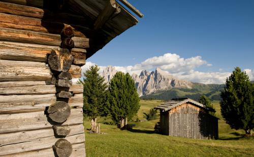 Holzhütten auf der Seiser Alm mit Blick auf die Dolomiten bei Bozen Südtirol Holzhütten auf der Seiser Alm mit Blick auf die Dolomiten bei Bozen Südtirol